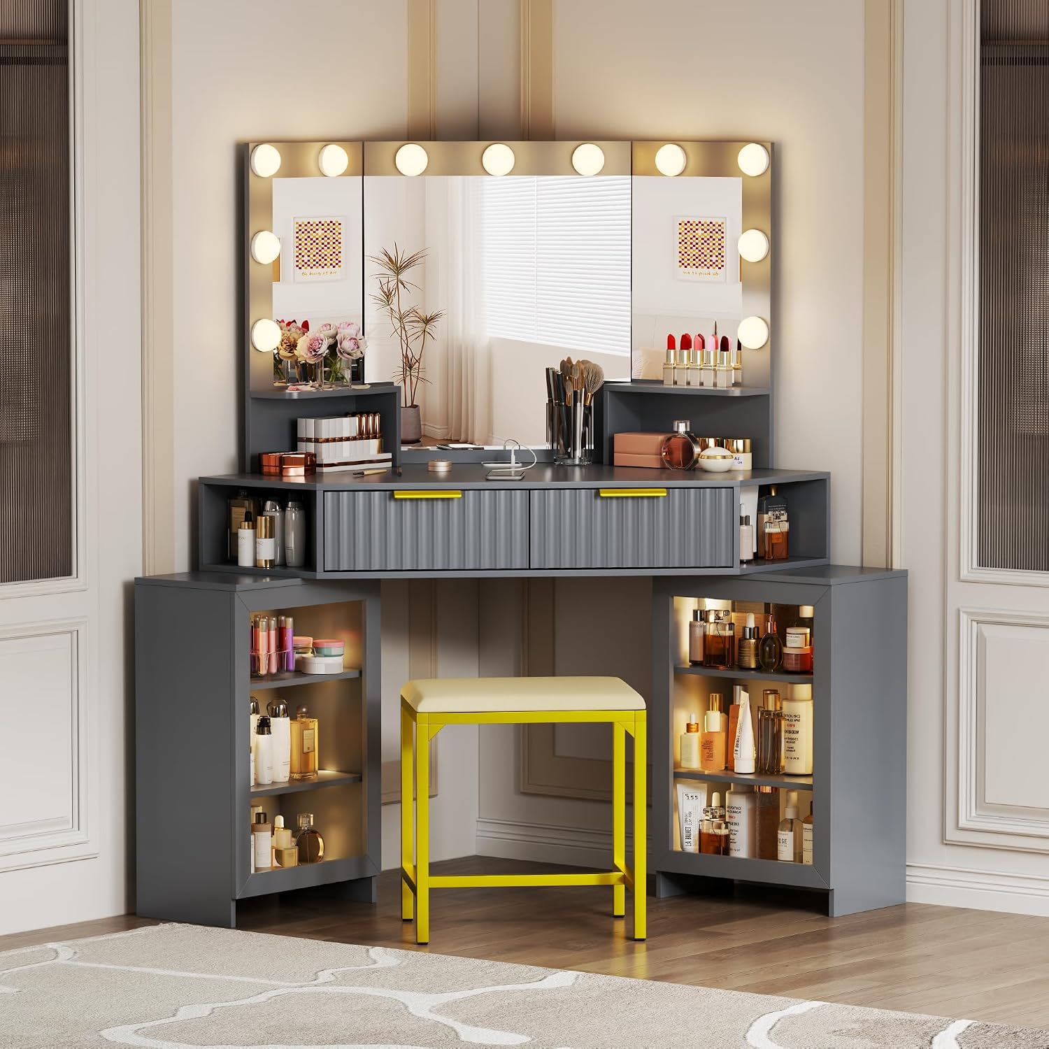 Vanity Desk with Charging Station & LED Lights Mirror – Corner Design HD Triple Mirror Makeup Vanity Table Set with Storage Drawers & Chair for Living Room/Bedroom Ideal Gift (Grey-113)