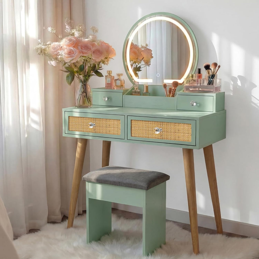 Brafab 31' Boho Natural Rattan Vanity Desk Set with 3 Modes Adjustable Lighted Mirror and Cushioned Stool, Modern Compact Design Makeup Table for Bedroom, Cute Dressing Table for Small Space, Mint