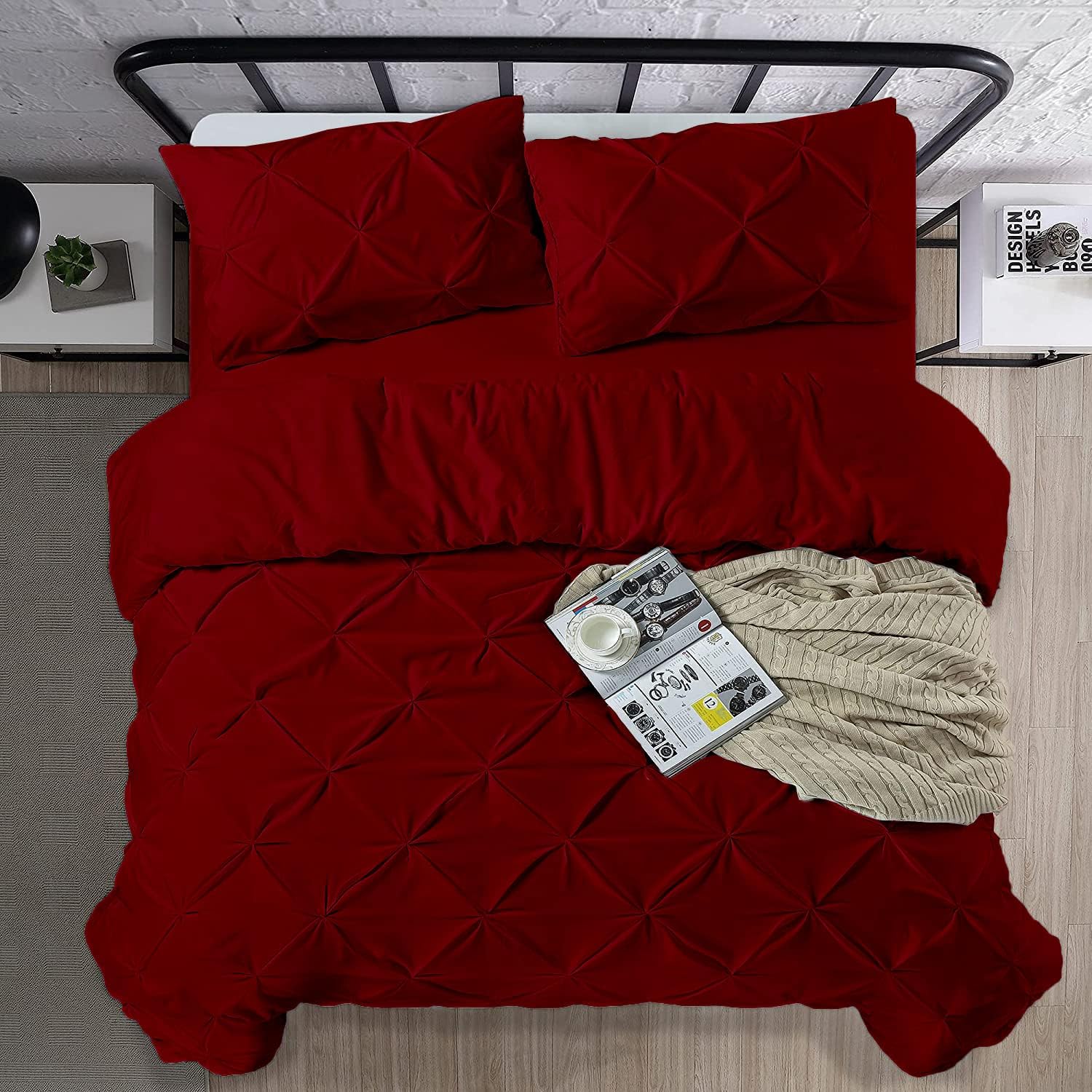 Crown Collection Luxuriate Hotel 1000-TC Hypoallergenic Ultra Soft Design 100% Egyptian Cotton Pinch Plated Duvet Cover with Zipper Colser & 2pcs Pillow Case Set (Super King Plus 120X120, Burgundy)
