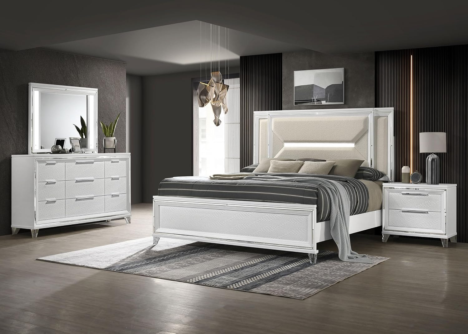 Coaster Home Furnishings Marmore Contemporary 4-Piece Bedroom Set Boucle Upholstered Eastern King Size LED Panel Bed Frame 64-inch Headboard White 224961KE-S4
