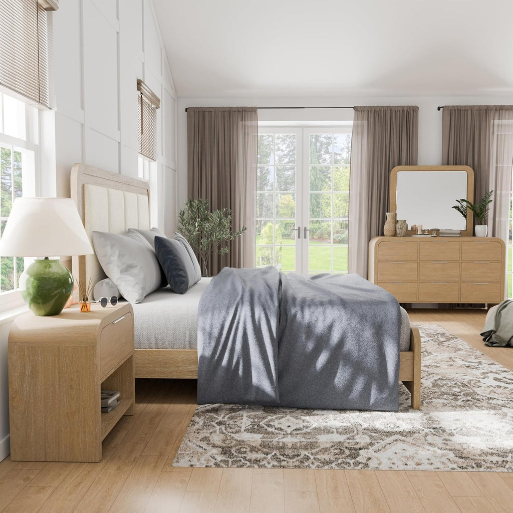 Furniture of America Verena Boho Solid Wood 4-Piece Bedroom Set with Padded Headboard Bed, Metal Side Glide, Finger Pulls on Nightstand and Dresser with Mirror, Box Spring Needed, Queen, Natural