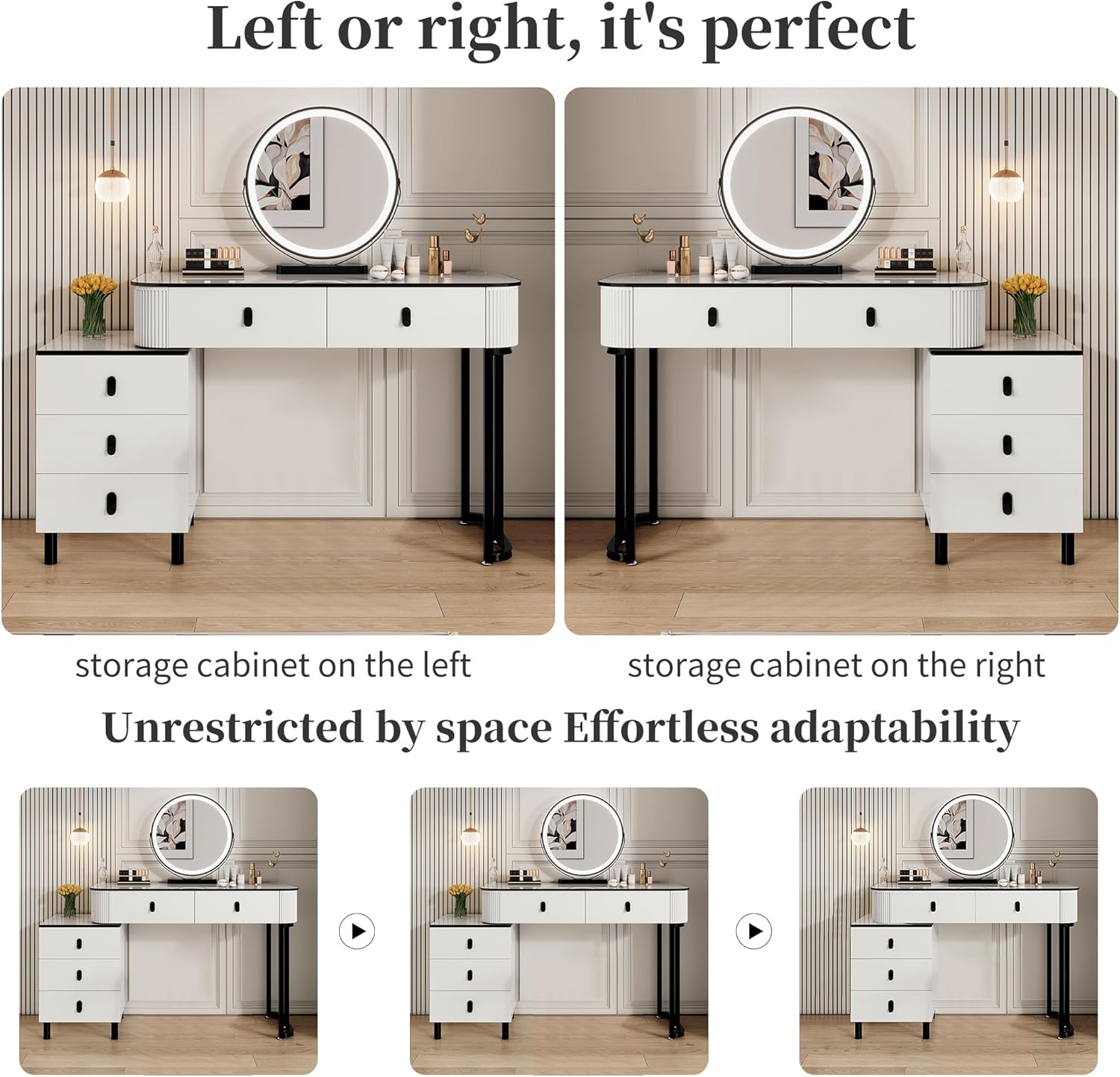 KDCAS Small Makeup Vanity Desk with Mirror and LED Lights | Modern Fluted Vanity Table with Drawers and Reversible Adjustable Side Cabinet (39.37'–51.2') | Space-Saving White Vanity Desk for Bedroom
