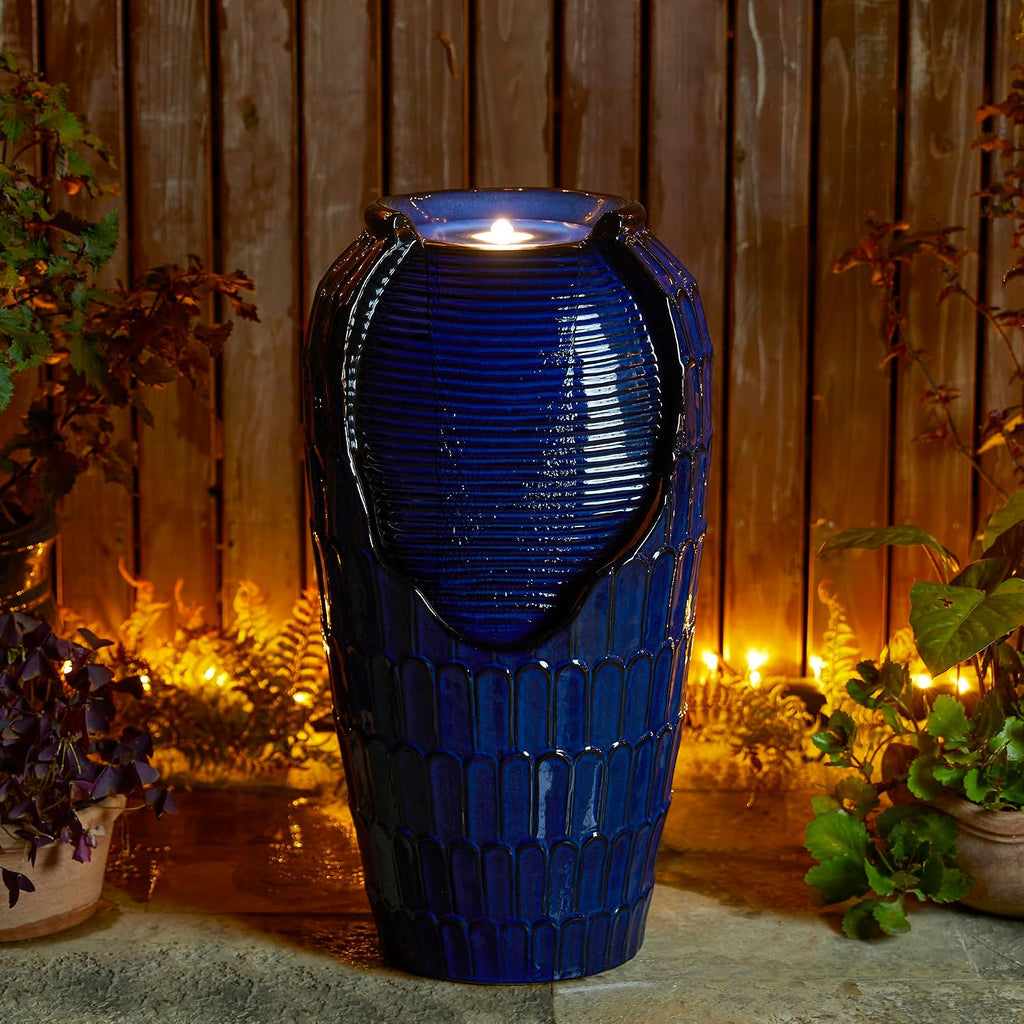 Glitzhome 28.25' H Oversized Ceramic Petals Textured Jar Outdoor Water Fountain, Vintage Cobalt Blue Glaze Vase Patio Garden Waterfall Fountain with LED Light and Submersible Pump
