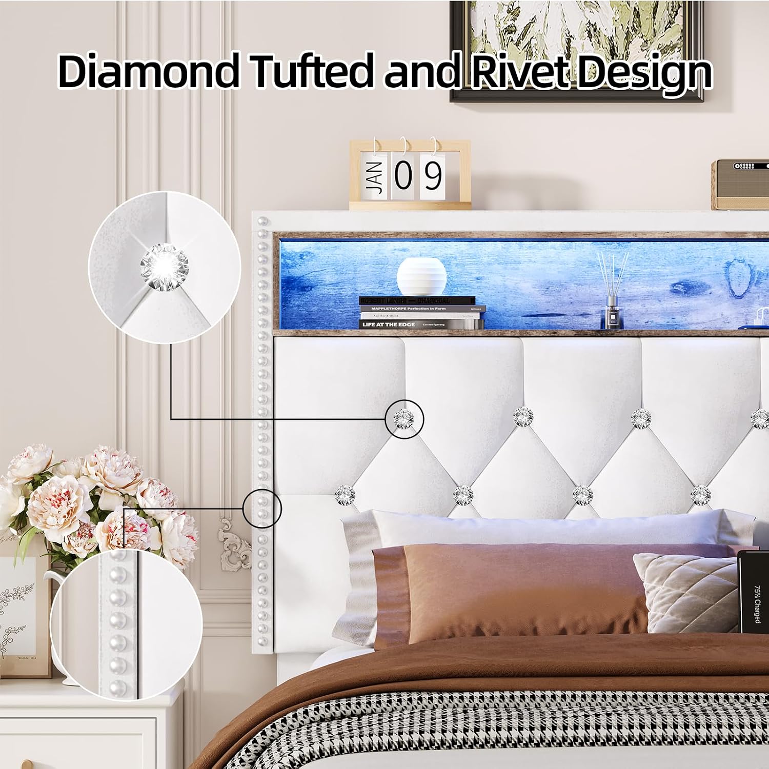 HOMBCK Full Size Bed Frame with LED Lights, Velvet Upholstered Bed Frame Full with Charging Station and Storage Headboard, Modern Diamond and Rivet Design, No Box Spring Needed, Easy Assembly, Beige