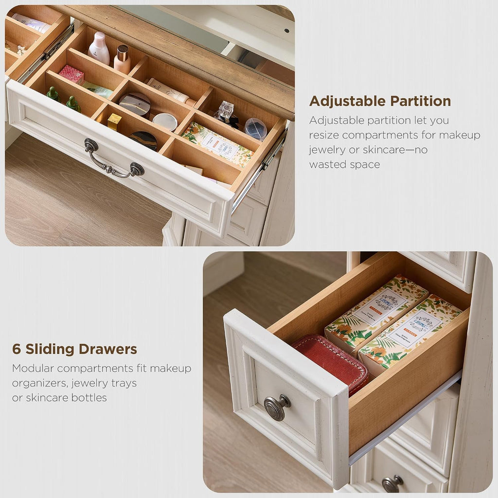 T4TREAM Vanity Desk with Mirror and Lights, 48'' LED Lights Makeup Vanity with 8 Drawers, Farmhouse Vanity Table with 3 Color Modes, Dressing Table with Glass Top and Power (Antique White)