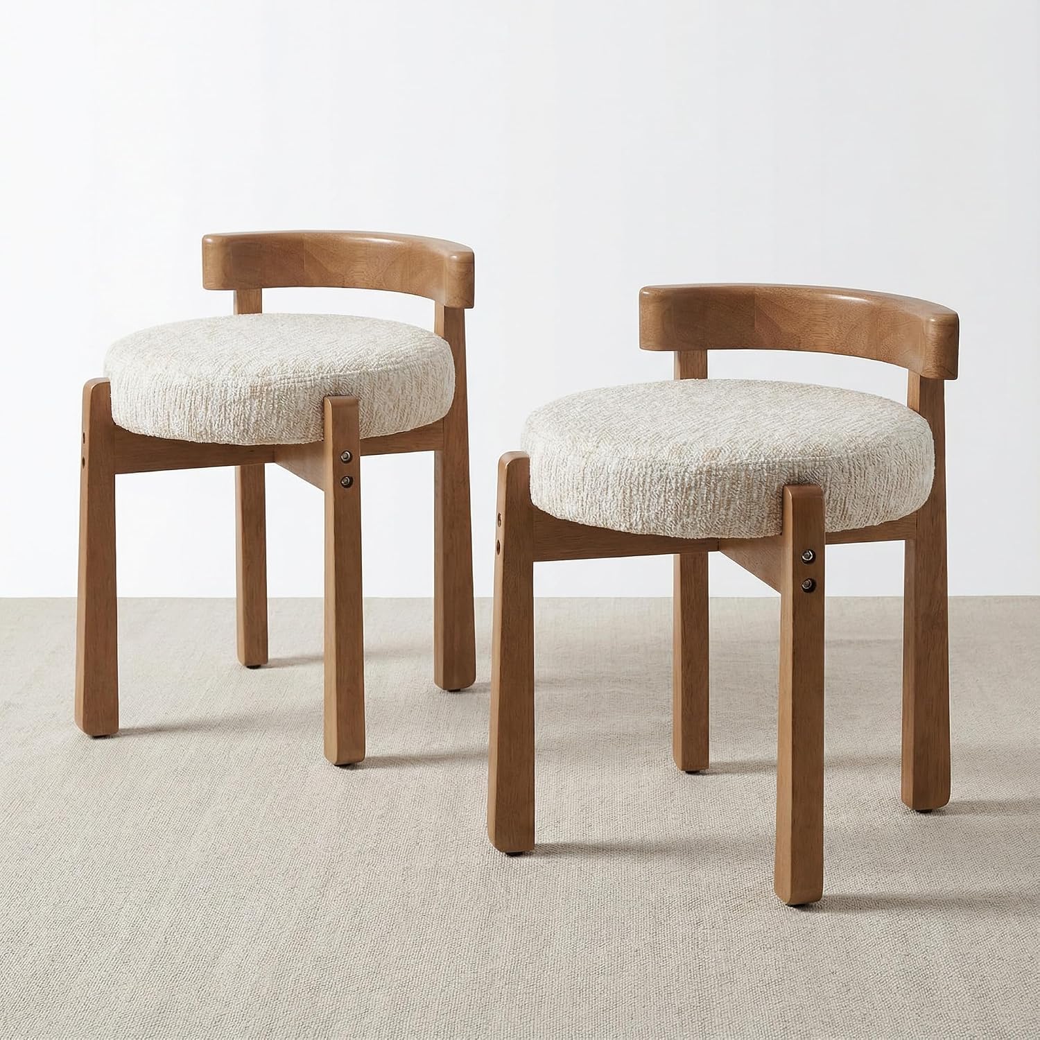 HNY Modern Chenille Vanity Chairs & Ottoman Set of 2 Upholstered Round Seat with Solid Wood Legs, for Makeup Dressing, Living Room Footrest or Piano Bench, Beige