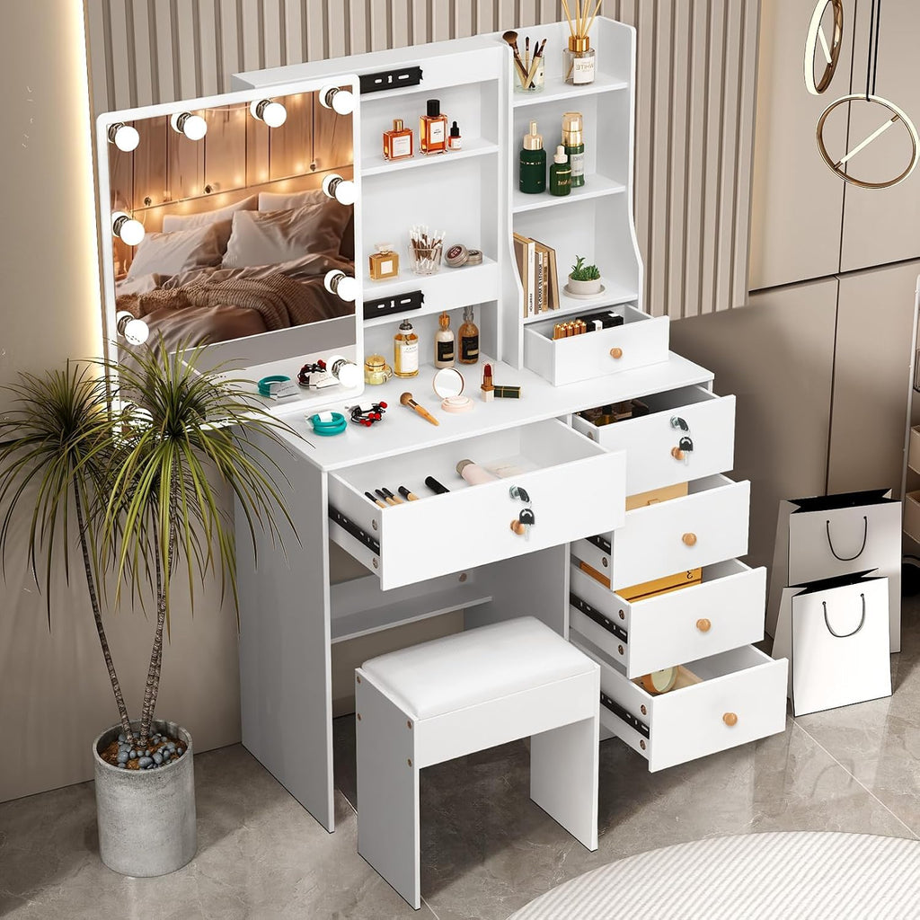 Vanity Mirror with Lights Desk and Chair, 5 Drawers and Cabinet, Makeup Table with Large HD Mirror Makeup Desk, 3 Lighting Modes, White Makeup Table with Stool