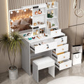 Vanity Mirror with Lights Desk and Chair, 5 Drawers and Cabinet, Makeup Table with Large HD Mirror Makeup Desk, 3 Lighting Modes, White Makeup Table with Stool