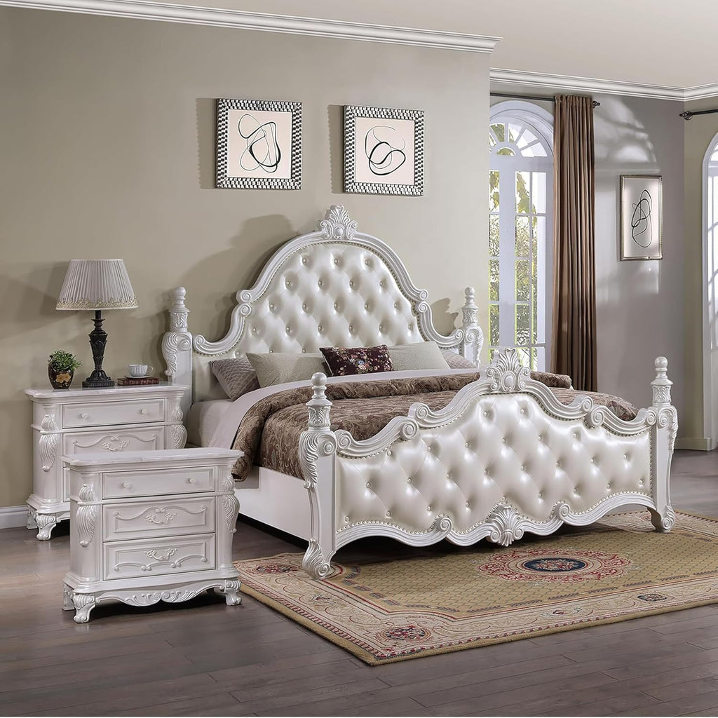 Furniture of America Althira Traditional Solid Wood 3-Piece Bedroom Collection with Bed Frame and 3-Drawer Nightstands Set of 2, Box Spring Required, White, Queen