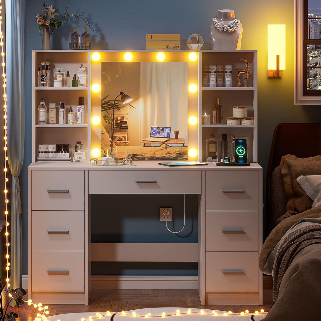 Vanity Desk with Lighted Mirror & Power Outlet, Makeup Vanity with 7 Drawers and 6 Storage Shelves, Bedroom Dressing Table with 3 Lighting Modes & Brightness Adjustable for Girls, Women, White