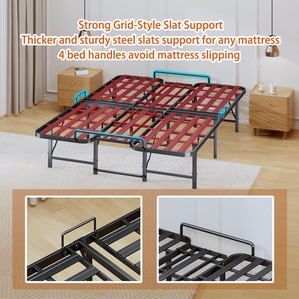 Foldable Queen Bed Frame, Heavy Duty Folding Bed Frame Queen Size,14 Inch Sturdy Metal Platform Bed with 12 Unshakable Legs, No Box Spring Needed, Tool-Free Assembly, 13' Under Bed Storage, Black