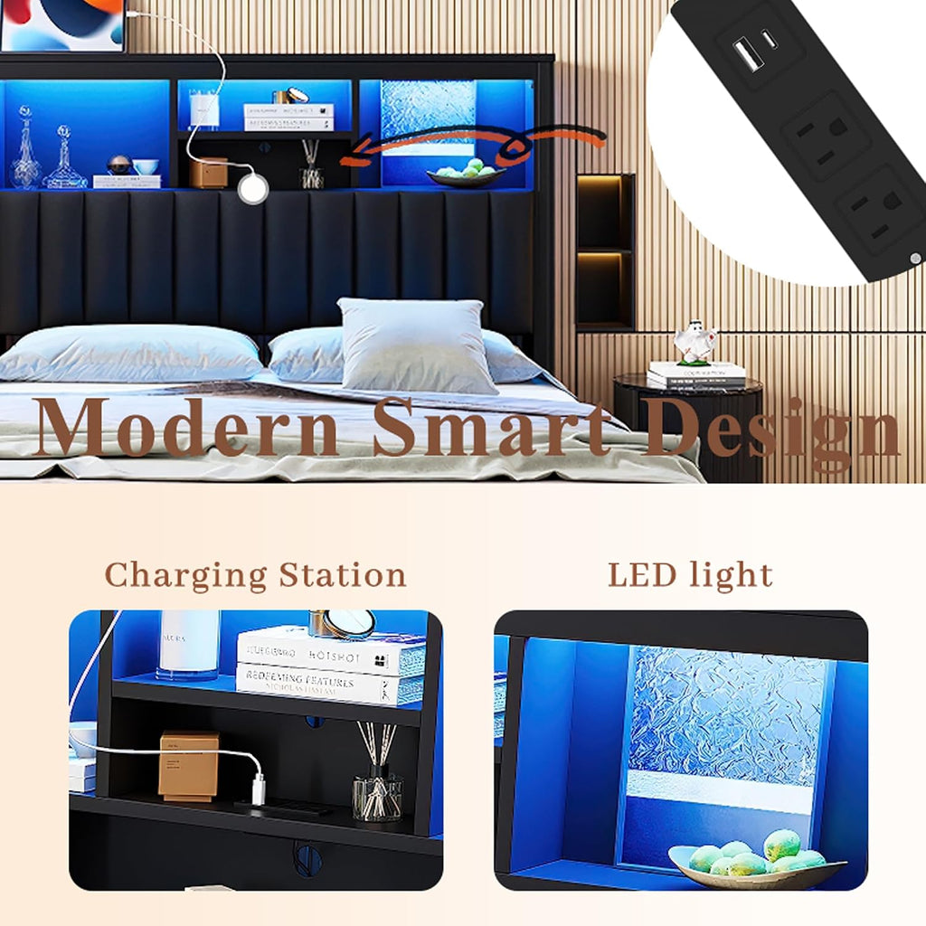 Queen Bed Frame with Storage Drawers & High Storage Headboard, Metal Queen Bed Frame with Headboard, LED light & Charging Station, Platform Bed Frames Queen Size, No Box Spring Needed, Black