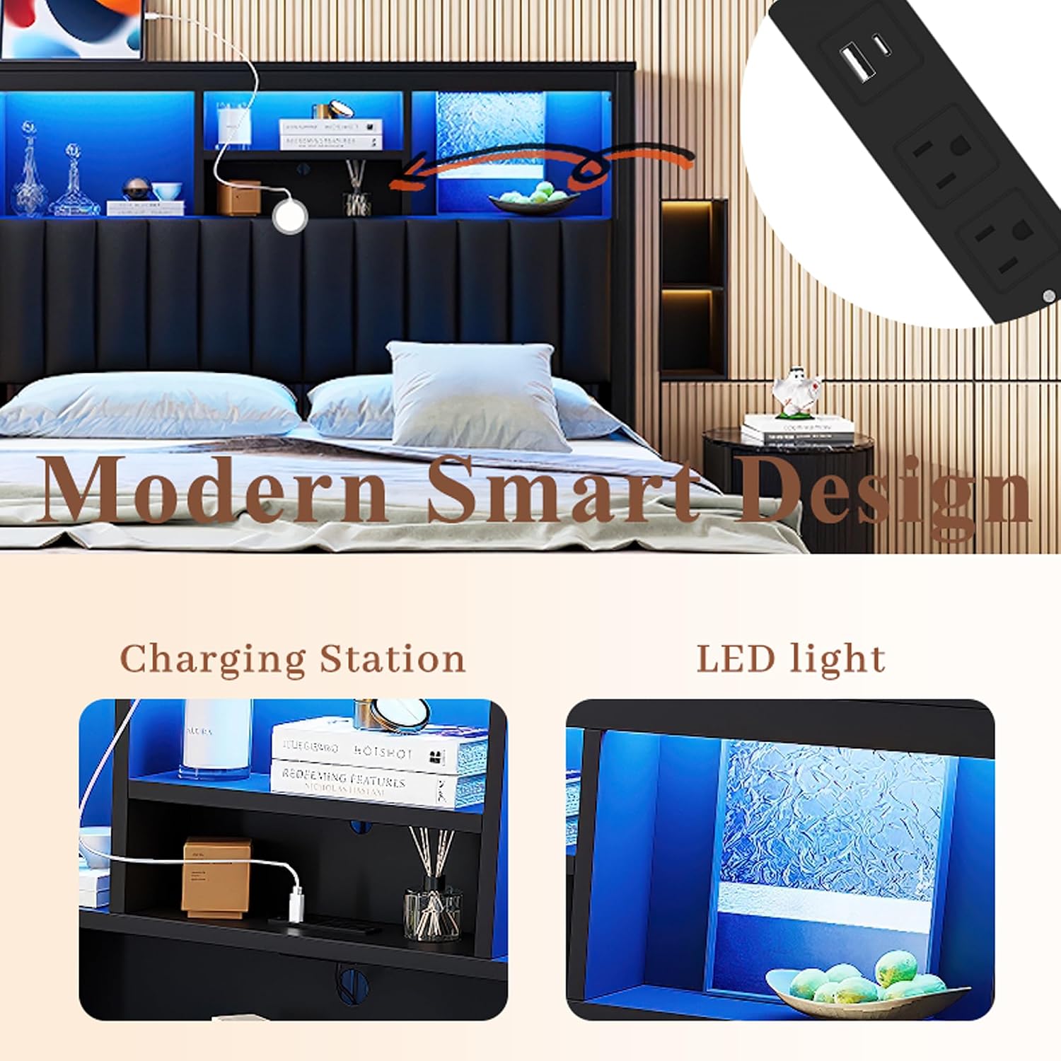 Queen Bed Frame with Storage Drawers & High Storage Headboard, Metal Queen Bed Frame with Headboard, LED light & Charging Station, Platform Bed Frames Queen Size, No Box Spring Needed, Black