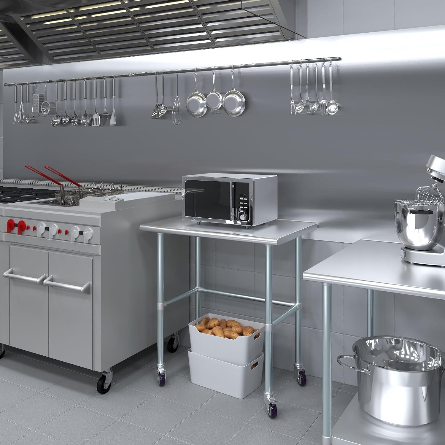 AmGood Stainless Steel Work Table Open Base & Wheels | Work Station | Metal Work Bench (Stainless Steel Work Table Open Base + Casters, 36' Long x 24' Deep)
