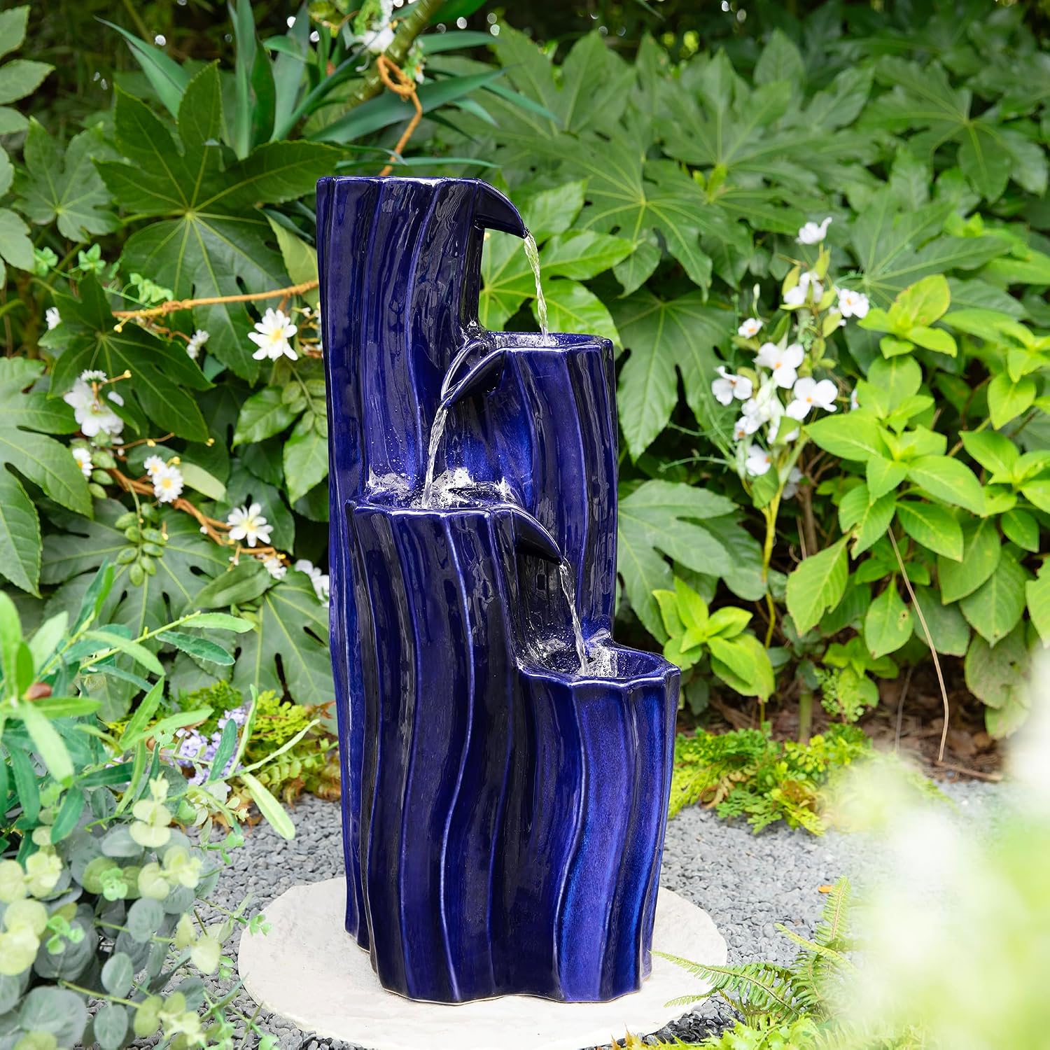 Glitzhome 30' Tall Outdoor Water Fountain with LED Light, Pump & Adapter, 4-Tier Cobalt Blue Wavy Texture Ceramic Cascading Garden Fountains Waterfalls for Porch Deck Patio Backyard