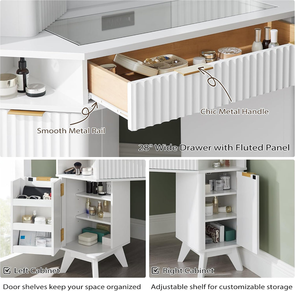 T4TREAM Fluted Makeup Vanity Desk with 3 Way Mirror and Lights, 48' Large Corner Vanity Table with Glass Top, Charging Station, 3 Drawers, Storage Cabinets & Shelves, for Bedroom, Solid White