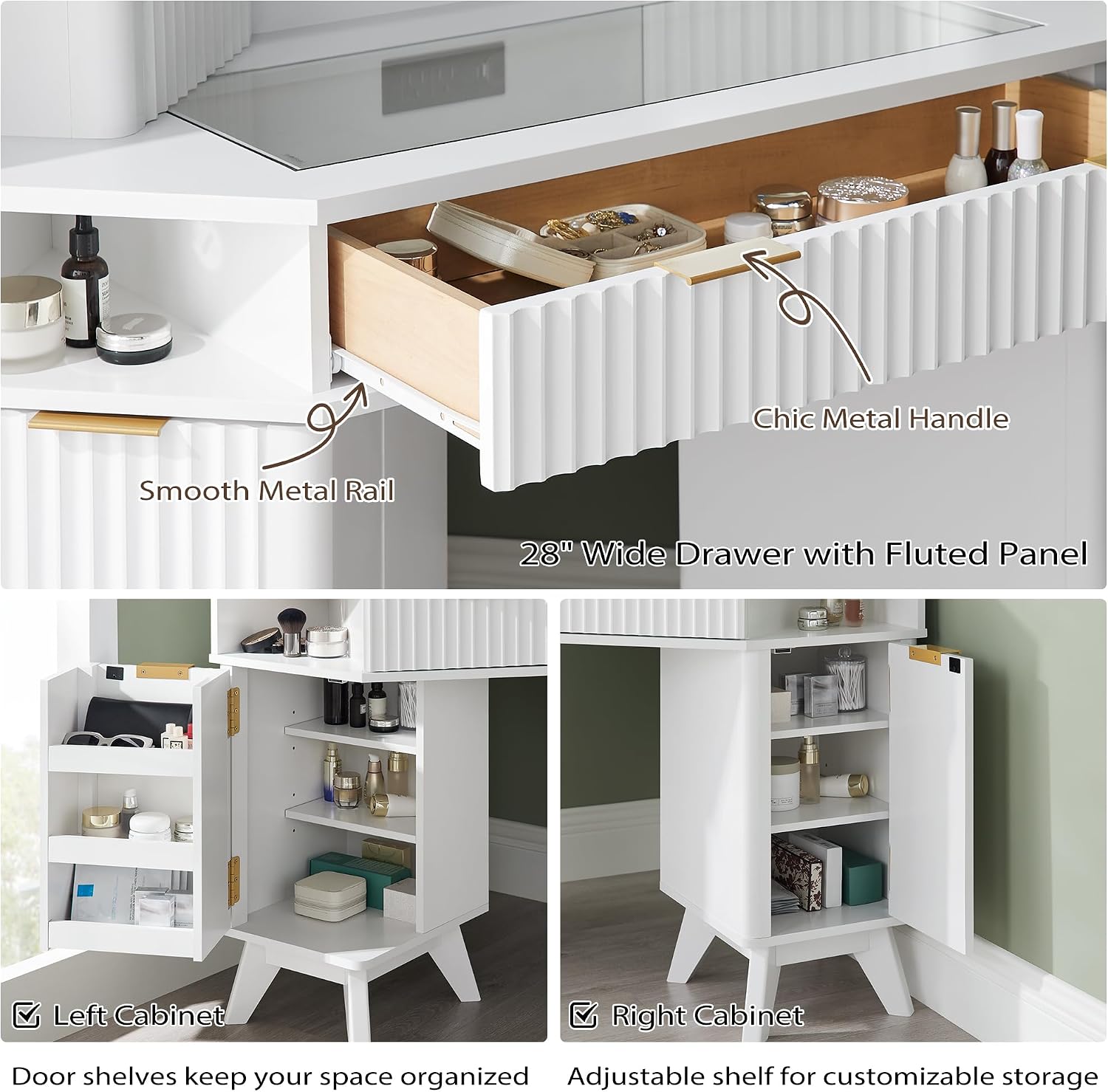 T4TREAM Fluted Makeup Vanity Desk with 3 Way Mirror and Lights, 48' Large Corner Vanity Table with Glass Top, Charging Station, 3 Drawers, Storage Cabinets & Shelves, for Bedroom, Solid White