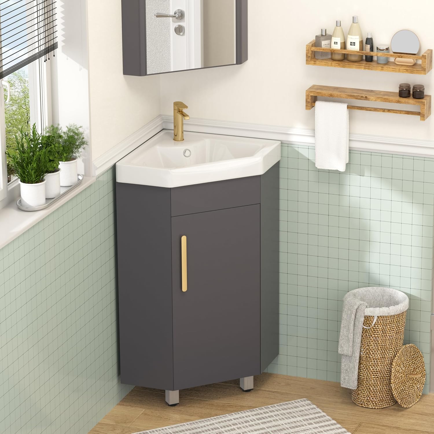 Findepot 24' Corner Bathroom Vanity Sink Combo for Small Space Freestanding Compact Space Bathroom Storage Cabinet with White Ceramic Sink, Adjustable Shelf and Gold Handle, Grey