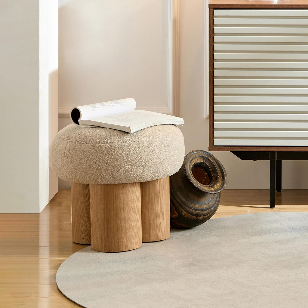Mushroom Ottoman Stool with Teddy Fabric Round Seat, Three-Leg Wood Grain Base, Plush Foot Rest for Entryway Living Room Bedroom Vanity Makeup Corner Accent Seating Side Table Modern (Greige)