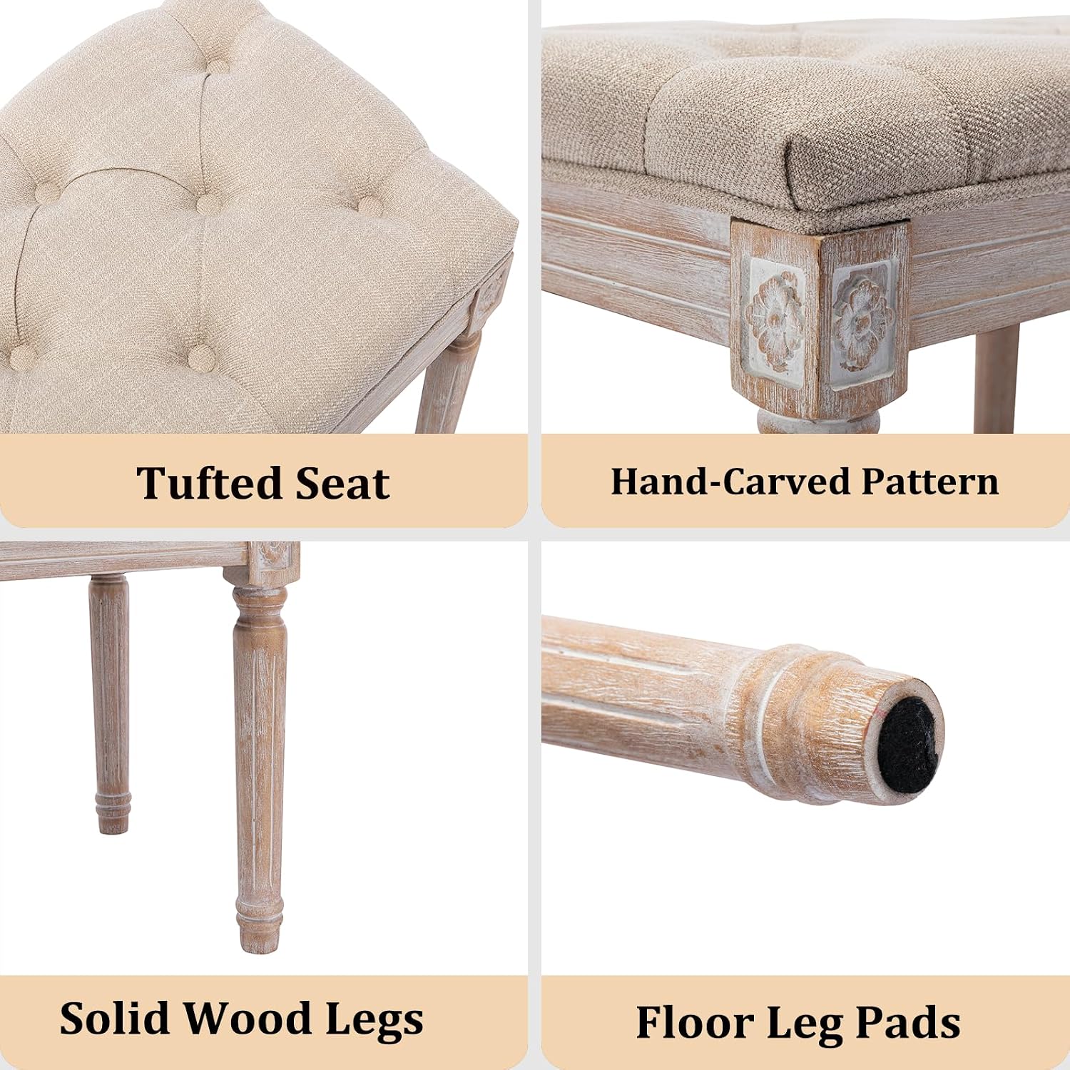 Upholstered Fabric Entryway Bench, Tufted Piano Bench for 2 People, Rubber Wood Legs with Beautiful Carved Pattern for Bedroom/Living Room/Dining Room (Beige)