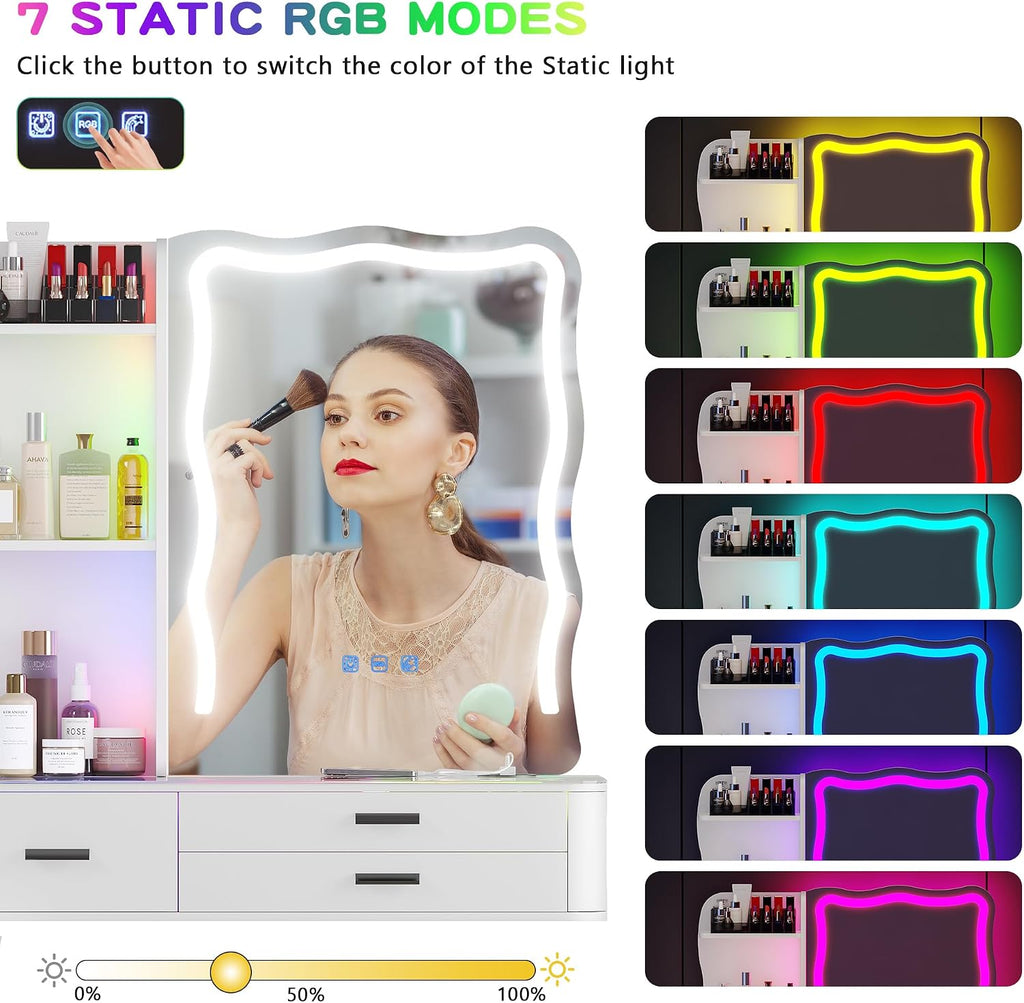 Lvifur RGB Make up Vanity Desk with Lights, Glass Top Vanity Table with 24 Color Dimmable Lights, Large Vanity Set with 8 Drawers, Dressing Table with Cushioned Stool