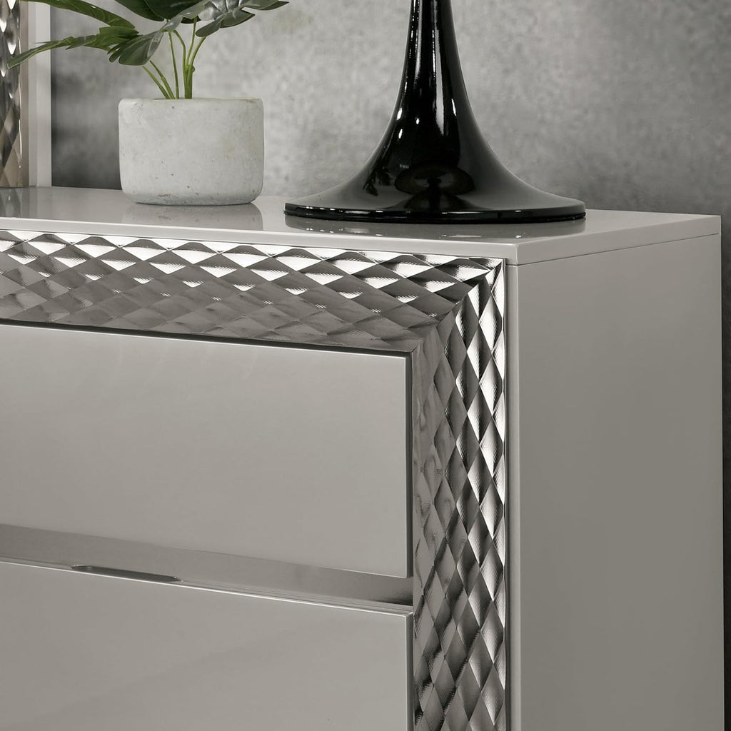Furniture of America Racken Glam Solid Wood 6-Piece Bedroom Set with LED on Chevron Headboard, Plinth Base, Silver Molding, Metal Side Glide, Felt-Lined Top Drawer, No Box Spring Needed, King, Gray