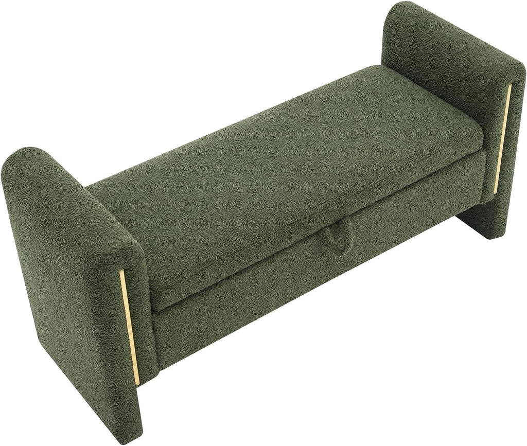 JIJIWANG Modern Bed End Bench with Arms and Storage, Upholstered Bed Bench Entryway Bench Ottoman Comfy Window Vanity Bench Footstool for Living Room,Bedroom,Olive Green