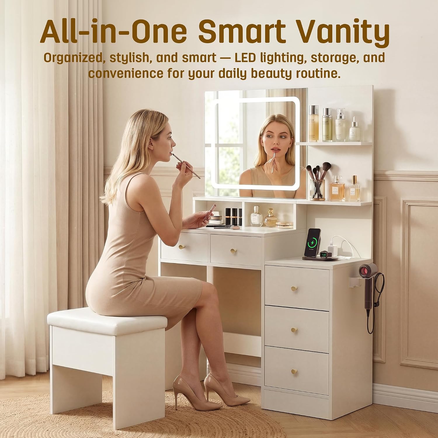 Vanity Desk with Mirror & Lights, Makeup Vanity with 5 Drawers & Cushion Stool, White Vanity Table, 3 Color Modes & Adjustable Brightness, Built-in Power Outlet
