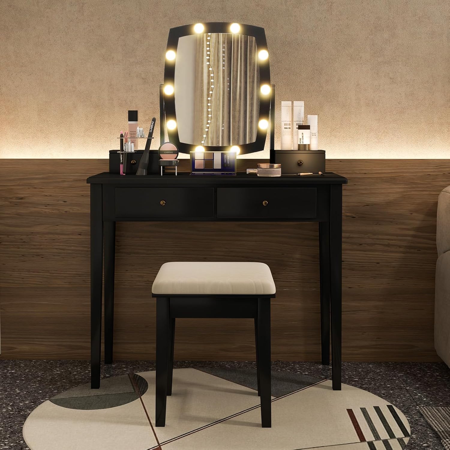 GOFLAME Vanity Table Set with Rotatable Lighted Mirror, 2-in-1 Makeup Table Writing Desk with 3-Color Dimmable LED Lights, 4 Drawers, Dressing Table with Cushioned Stool for Bedroom (Black)