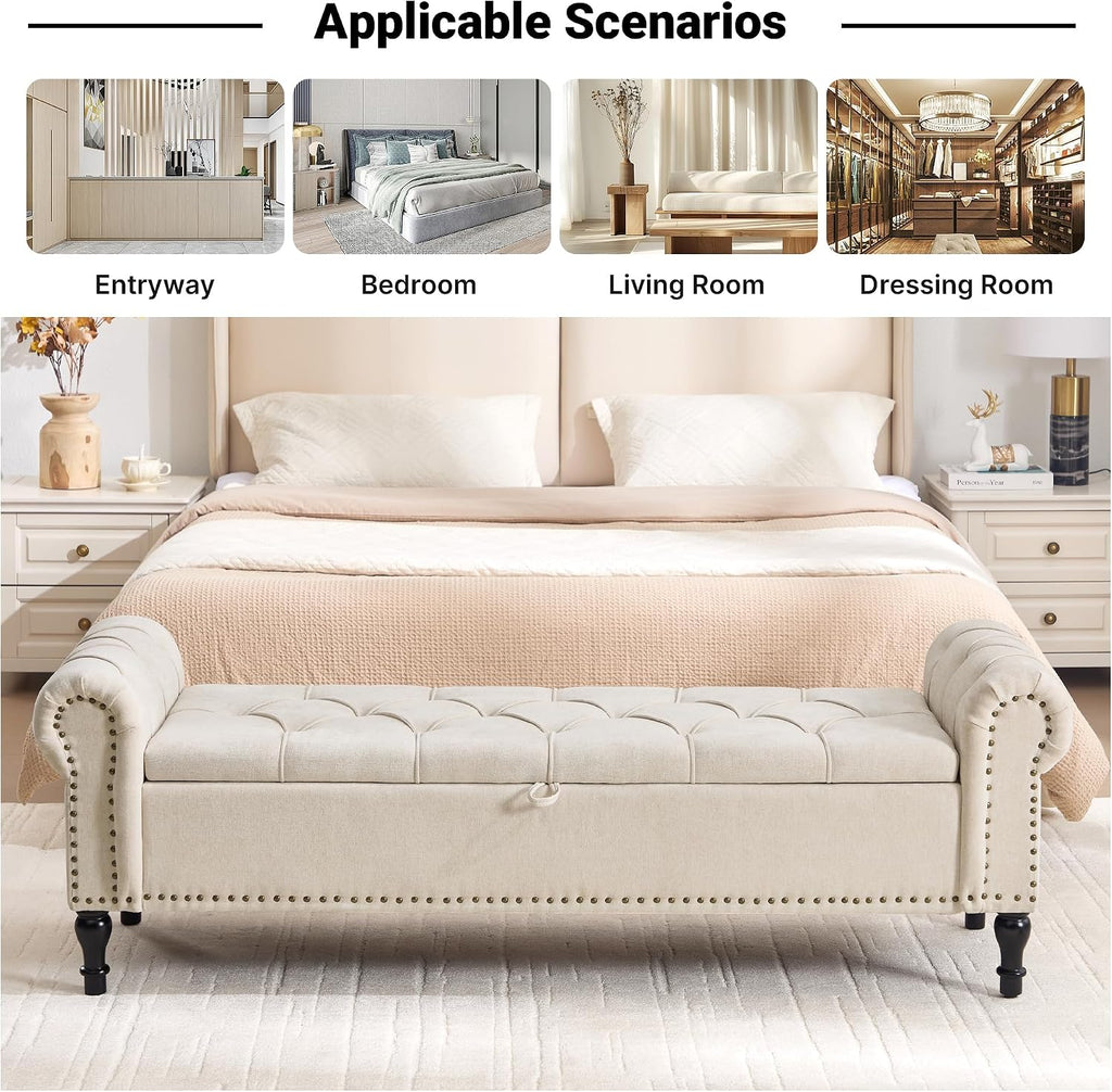 Storage Bed Bench for Bedroom, Chenille 67' End of Bed King Size Benches with Armrest, Tufted Button Upholstered Ottoman Bench for Living Room, Entryway, Camel