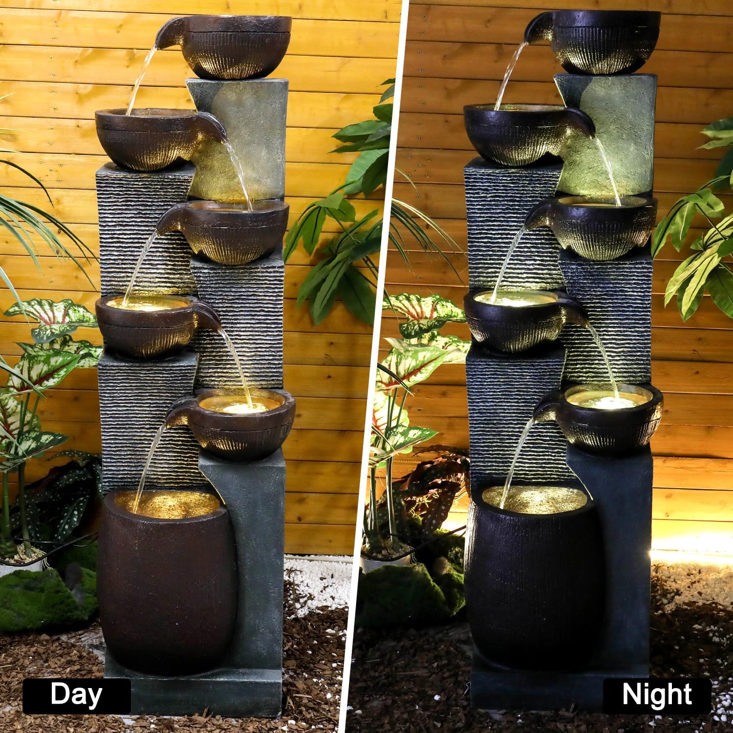 53.5in High Outdoor Indoor Water Fountain, 6-Tiered Poly-Resin Waterfall Fountain with LED Lights, Decorative Floor Standing Fountain for Garden, Patio, Yard, Home Decor