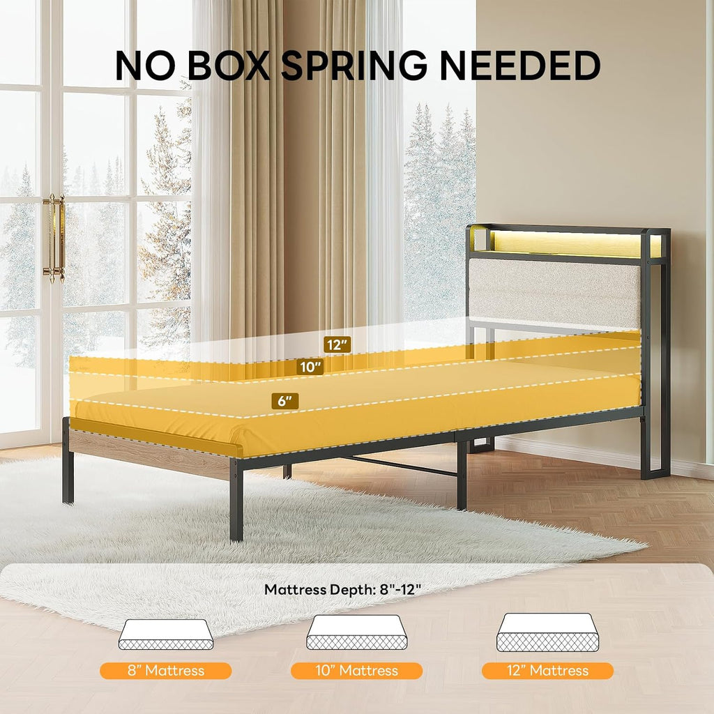 LIKIMIO Twin XL Bed Frame with Storage Headboard and LED Lights, Metal Platform Bed with Charging Station, Noise Free, No Box Spring Needed, Under Bed Storage, Natural and Cream