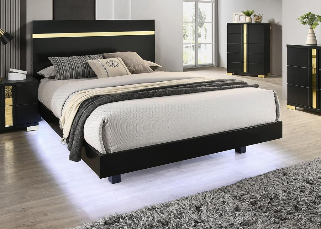 Black 3pc Bedroom Set King Size Bed w LED 2X Nightstands Mattress Ready Furniture Acrylic Trim