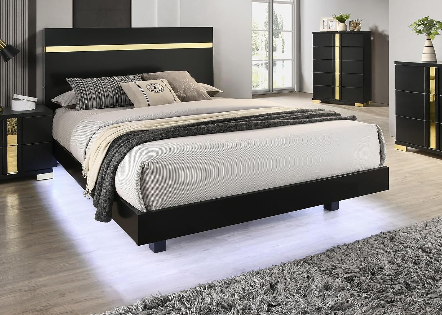 Black 3pc Bedroom Set King Size Bed w LED 2X Nightstands Mattress Ready Furniture Acrylic Trim