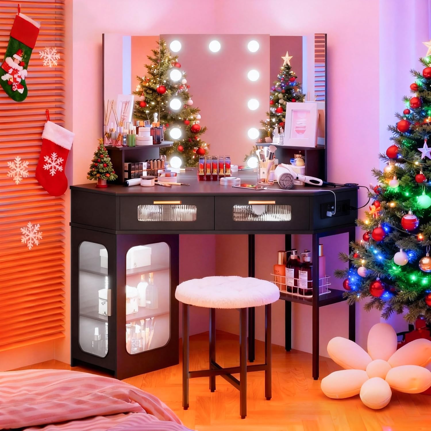 Lareth Corner Vanity Desk with 3 Way Mirror and Lights, Modern Makeup Vanity with Charging Station, Stool, 45.5' Large Bedroom Dressing Table with 2 Drawers & Shelves, Gifts for Girls Women, Black