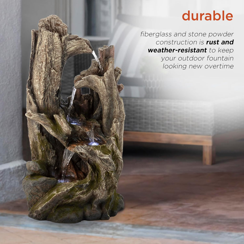 Alpine Corporation 40' Tall 4-Tier Rainforest Tree Trunk Waterfall Fountain with LED Lights, Outdoor Garden, Patio, Yard, and Porch Water Feature Decor