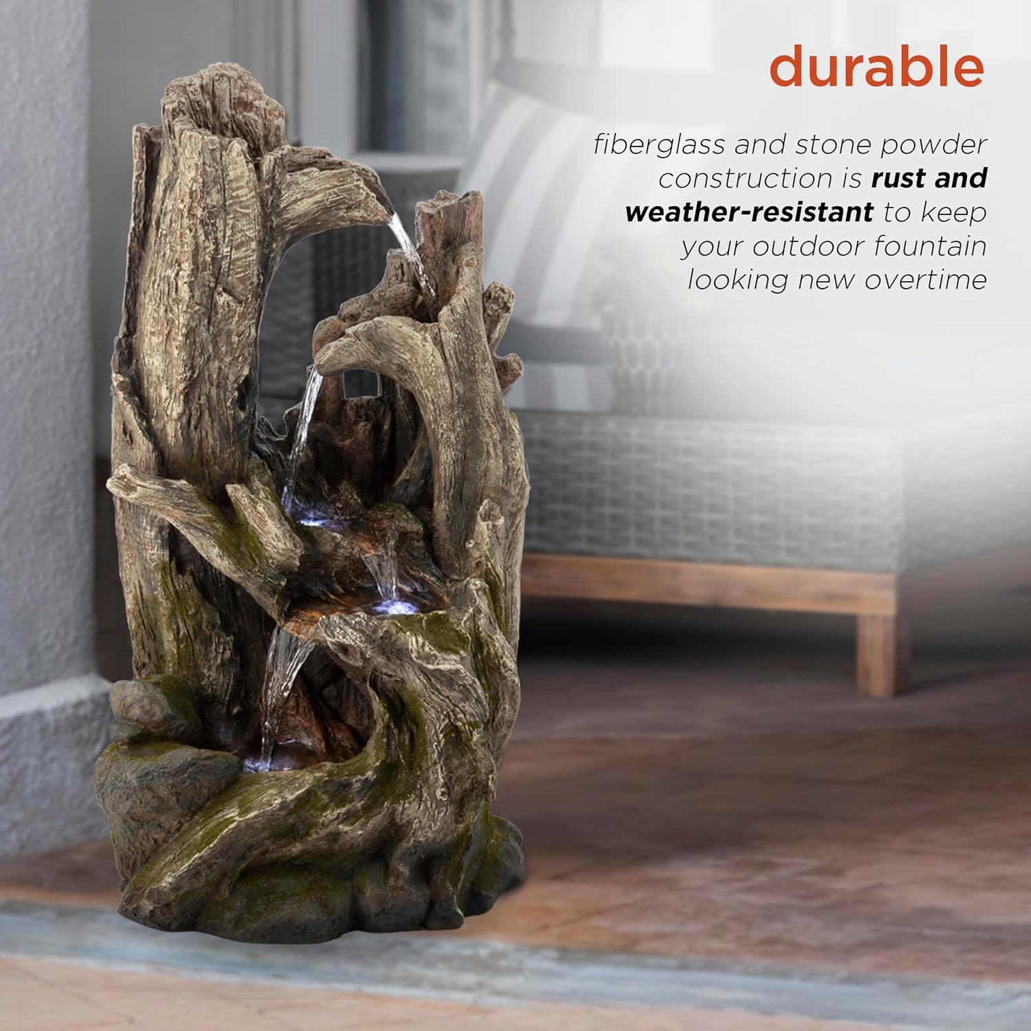Alpine Corporation 40' Tall 4-Tier Rainforest Tree Trunk Waterfall Fountain with LED Lights, Outdoor Garden, Patio, Yard, and Porch Water Feature Decor