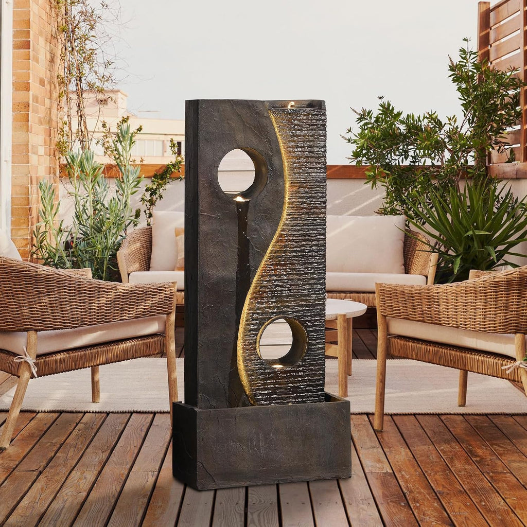 Tankana 47 inches Outdoor Water Fountain Garden Waterfall Indoor Large Water Feature Freestanding Fountains with LED Strips, Three spouts for Patio Backyard Deck Porch Home Decor, Dark Gray
