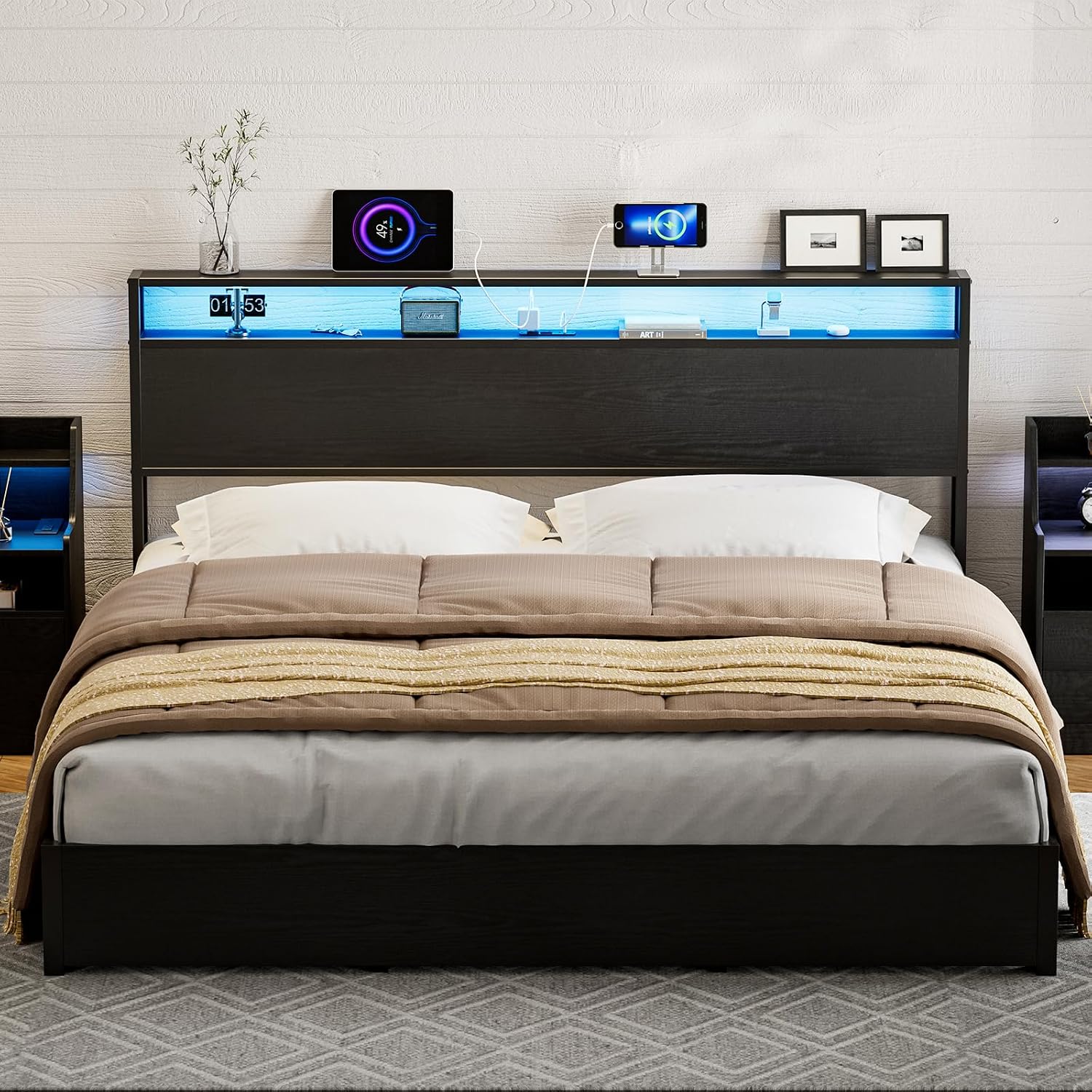 King Size Storage Headboard with Charging Station - 2 Outlets & 2 USB Ports - Farmhouse LED Lights Storage Shelf, Metal and Wood King Headboard, Attach Frame - Black