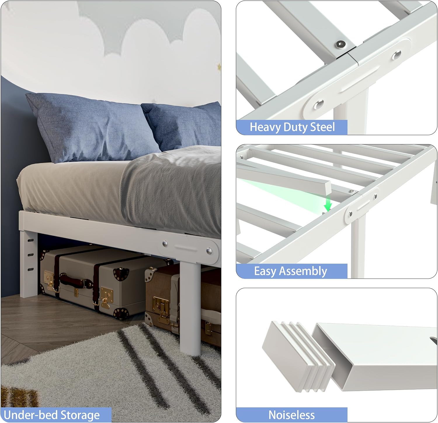 White Bed Frame Queen Size 12 Inch, Metal Queen Bed Frame No Box Spring Needed, Heavy Duty Steel Support 3500 LBS, DIY Headboard, Noiseless, Round Corner Legs, Storage Space, Easy Assembly