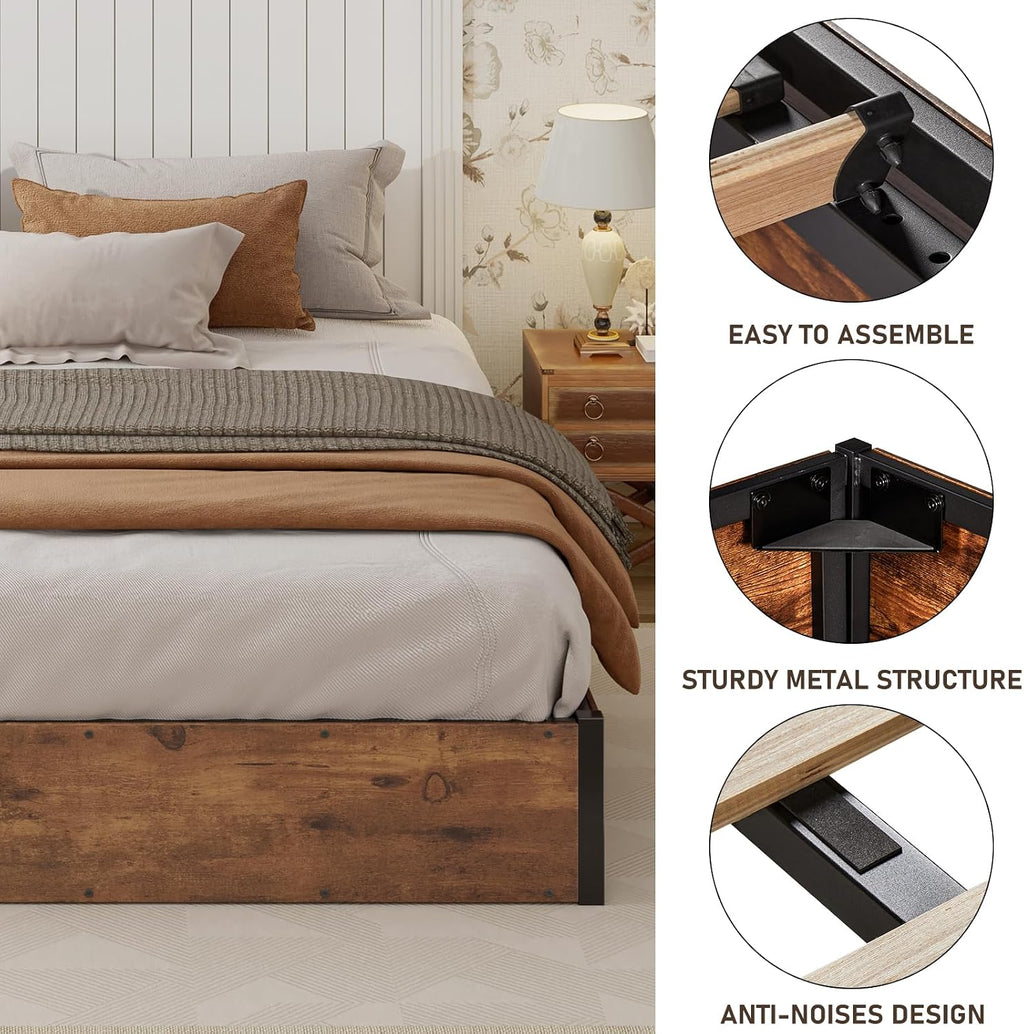 LUXOAK Lift Up Storage Bed Frame, King Size Wooden Slats Platform Bed Frame with Ample Storage Underneath, No Box Spring Needed, Noise Free, Rustic Brown