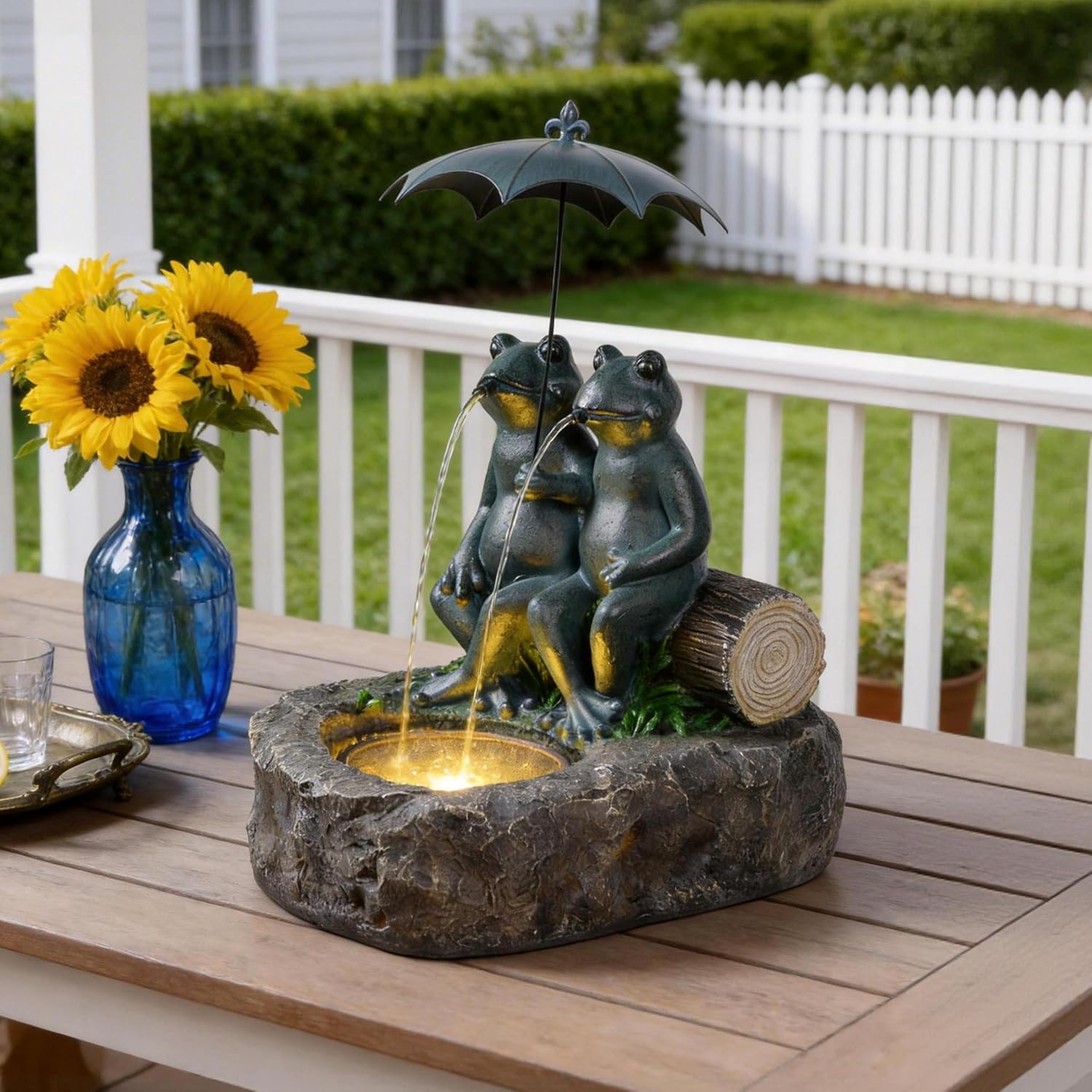 21' Frog Outdoor Water Fountain with LED Lights, Whimsical Resin Tabletop Waterfall Fountain Under Umbrella, Soothing Zen Garden Decor for Patio, Yard, Porch & Deck, Faux Bronze