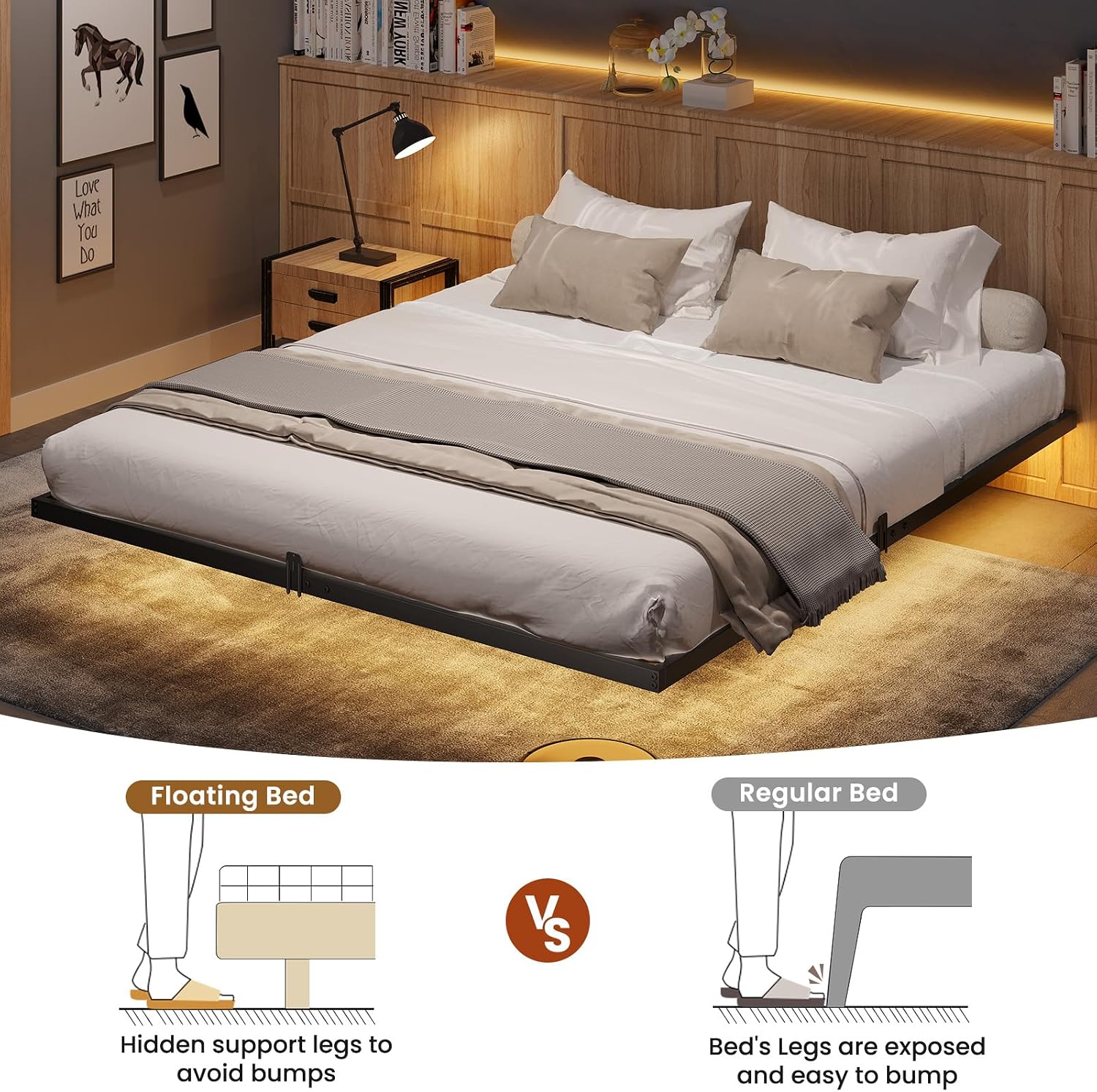 DICTAC Floating Bed Frame California King Size with LED Lights, Metal Platform Cal King Bed with Heavy Duty Steel Slats and 4 Mattress Slide Stopper, Black