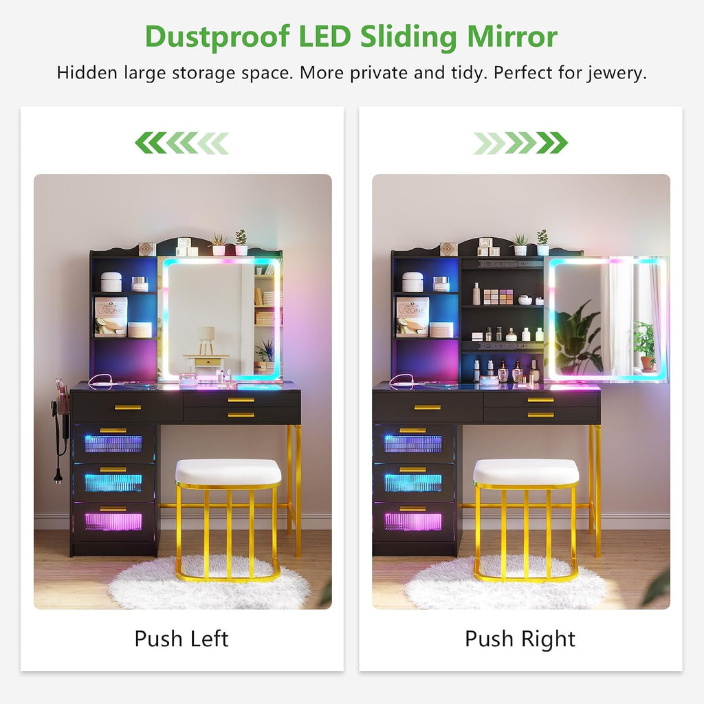 HENBC Vanity Desk with Sliding Mirror and Glass Desktop, LED Vanitys Mirror with RGB Lights Desk and Chair, Dressers Table Set with Charging Station/Makeup Organizer/6 Drawers for Bedroom(Black)