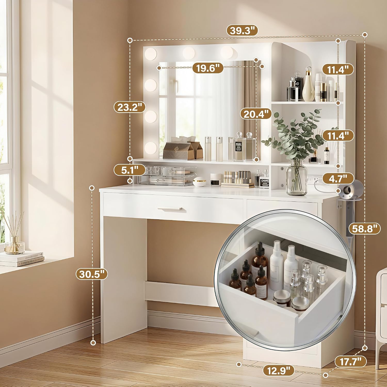 YESHOMY 39' Vanity Desk with Mirror & Lights, Makeup Vanity Table with Power Outlet & Storage Drawers, 3 Color LED Lighting, Dressing Table for Bedroom,Snow White