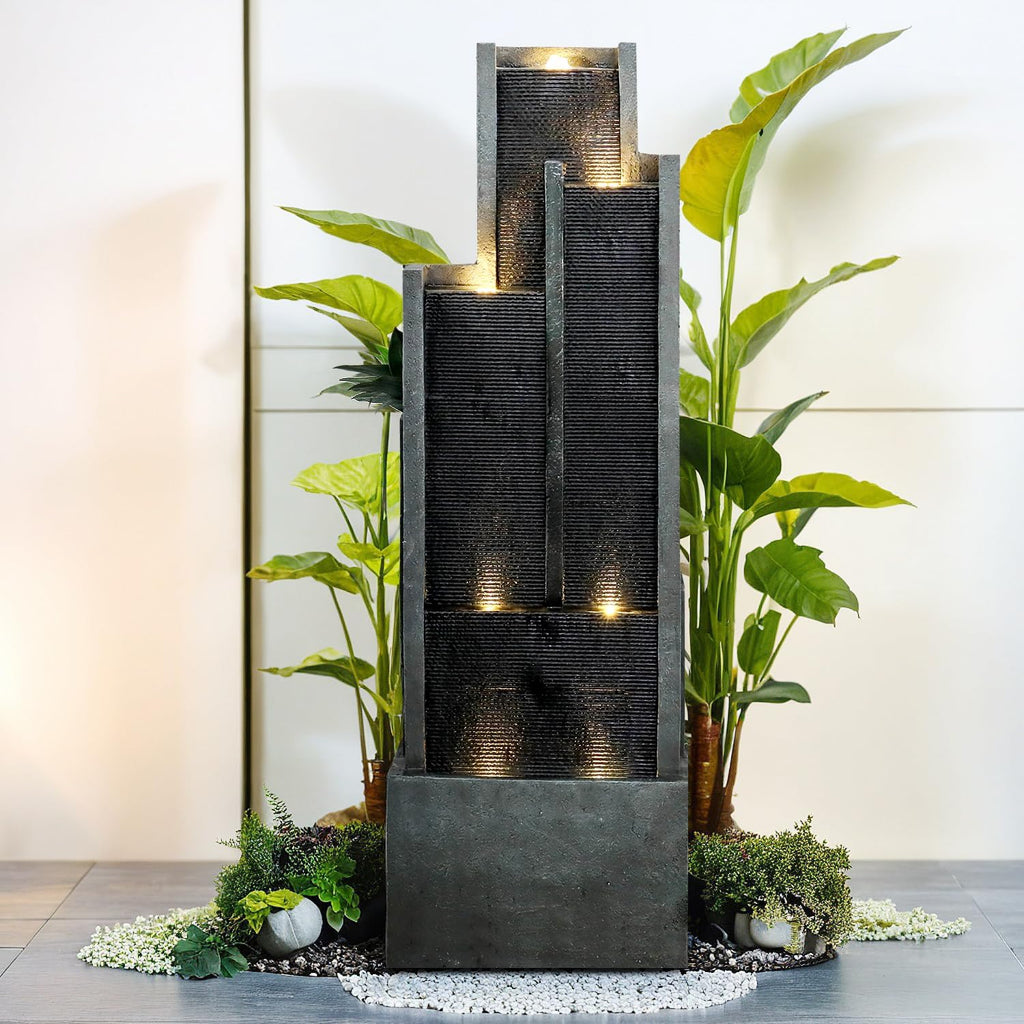 SunJet 5-Tier Modern Water Fountain, Indoor/Outdoor Resin Water Fountains with Soothing Water Sounds & Warm LED Light, Perfect for Garden, Patio, Home & Office, 16.9' L x 9.8' W x 50.7' H