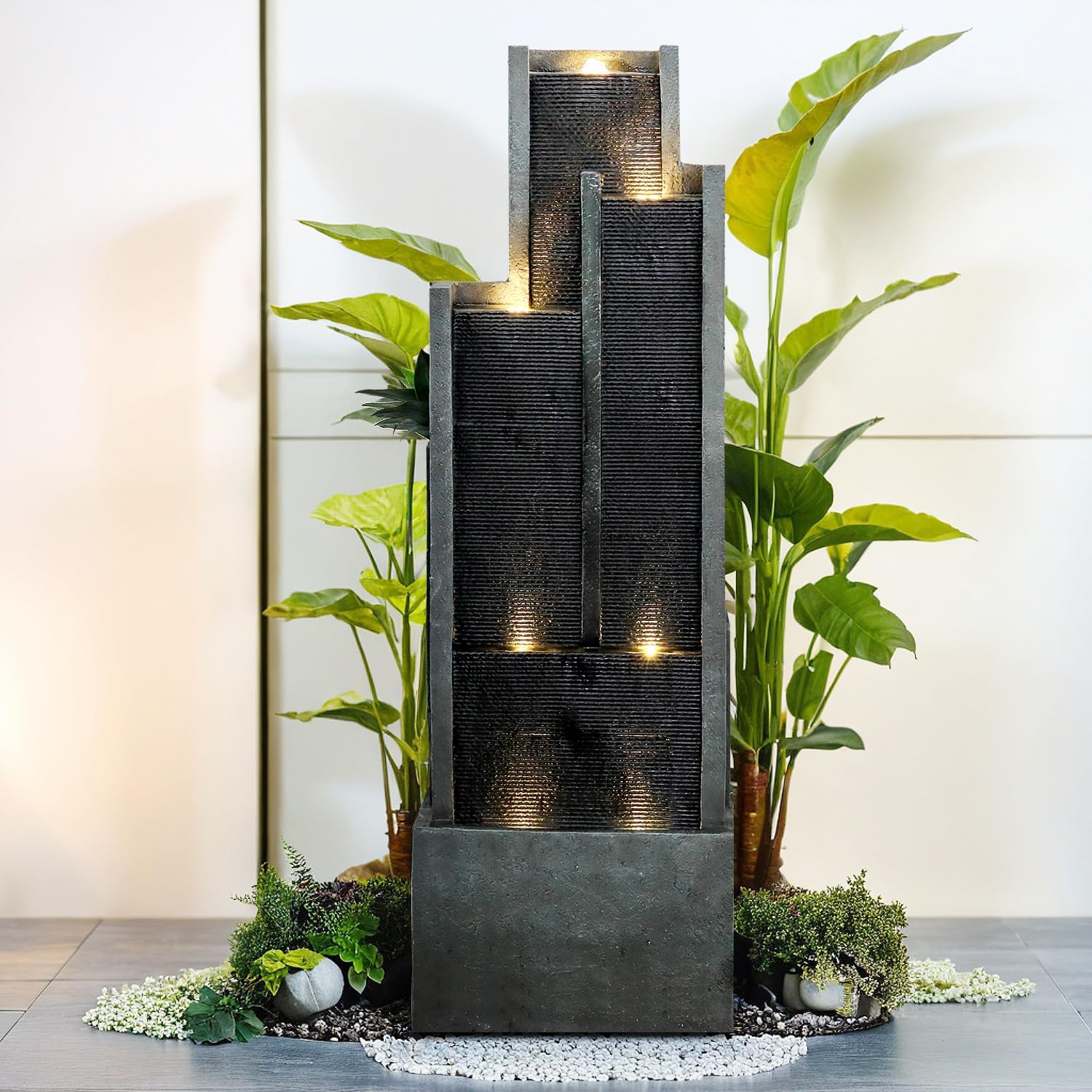 SunJet 5-Tier Modern Water Fountain, Indoor/Outdoor Resin Water Fountains with Soothing Water Sounds & Warm LED Light, Perfect for Garden, Patio, Home & Office, 16.9' L x 9.8' W x 50.7' H
