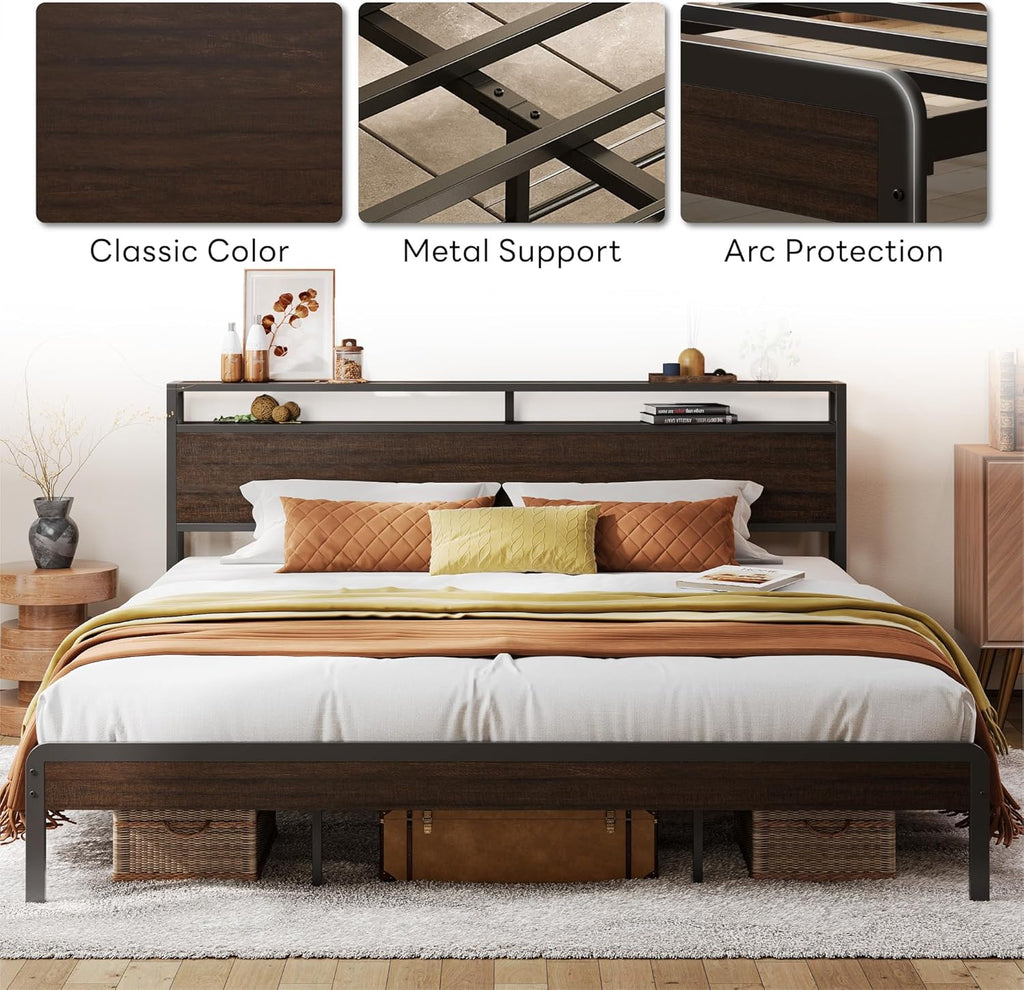 LIKIMIO King Bed Frame with Headboard, Dark Wood Camas King with Strong Supports, Sturdy, Noise-Free, No Box Spring Needed, Dark Brown