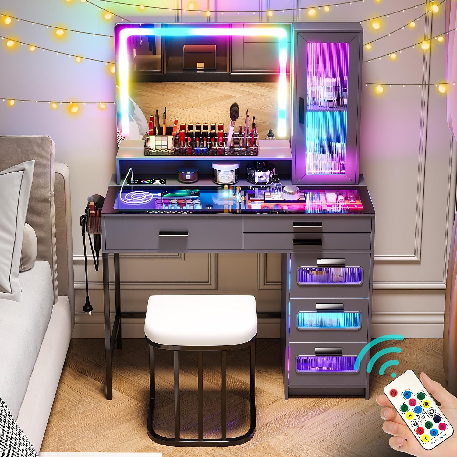 WOOVIVS Vanity with LED Mirror, Makeup Desk with 24 RGB Atuo Lighted Drawers for Bedroom, Glass Top Vanities Table Set with Wireless Charging Station, Chair,Jewelry Organizer for Girls/Women (Grey)