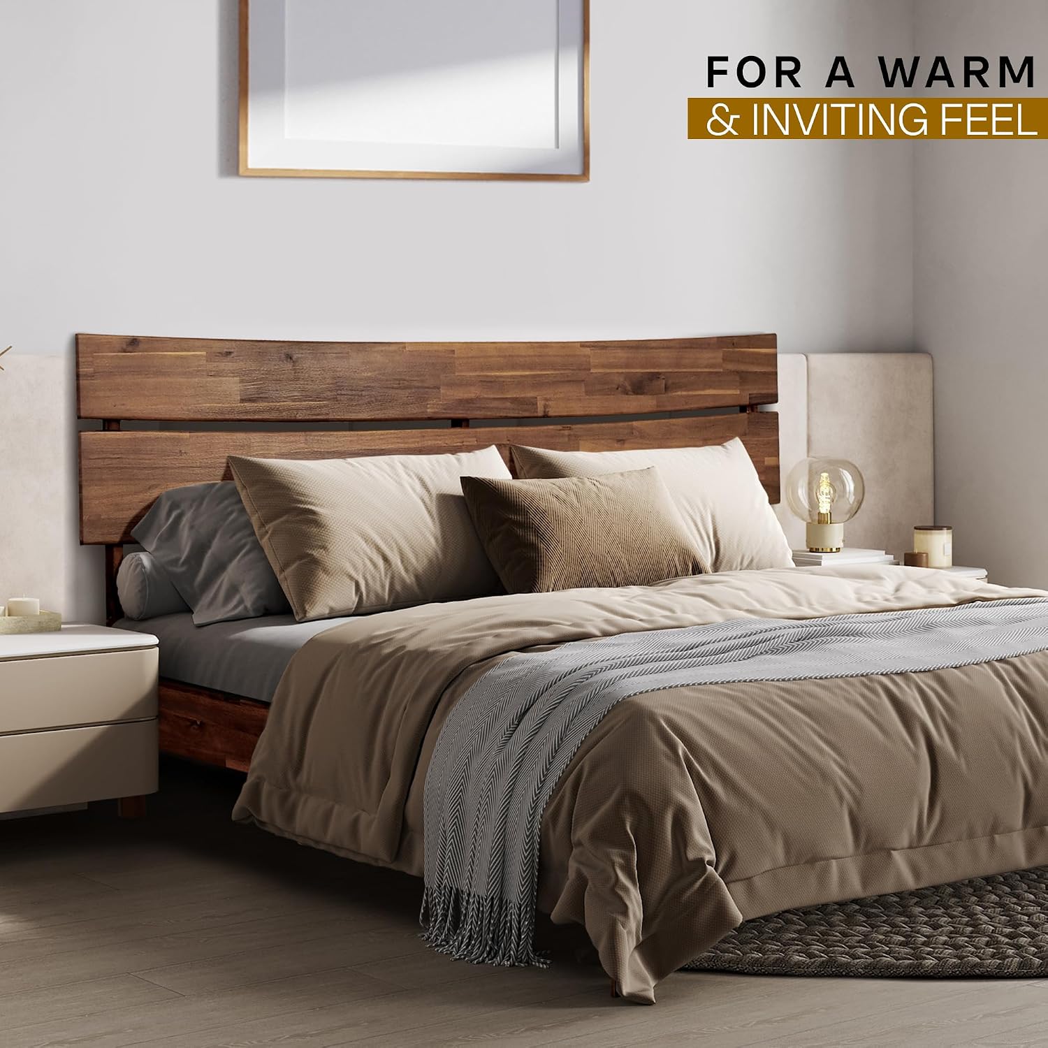 Acacia Aurora Bed Frame with Headboard Solid Wood Platform Bed, Bed Frame King, Scandinavian Signature Wood Bed Compatible with All Mattress Types, Non-Slip and Noise-Free, Chocolate